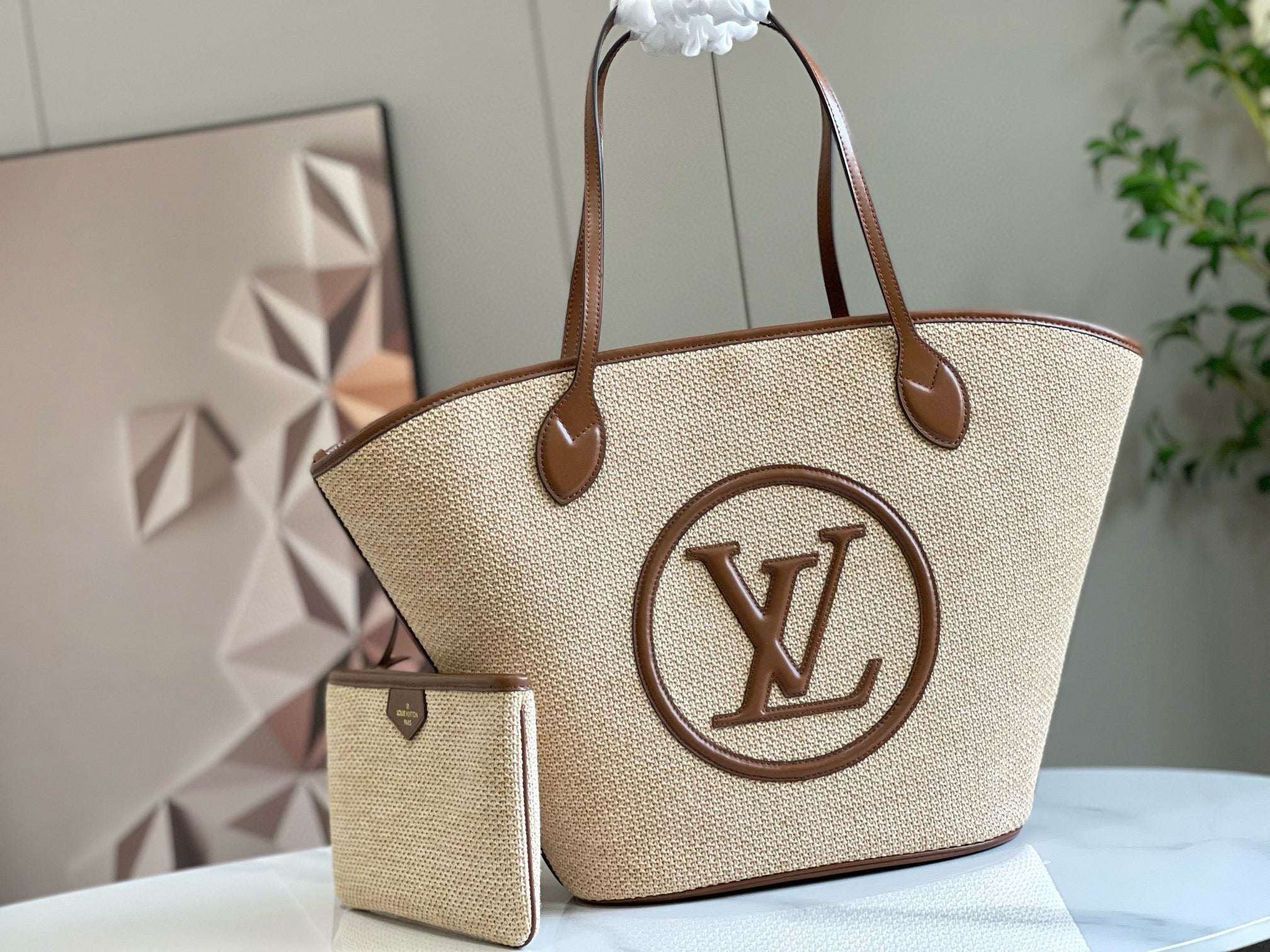 Louis Vuitton saint jacques 22cm tote bag basket raffia brown leather