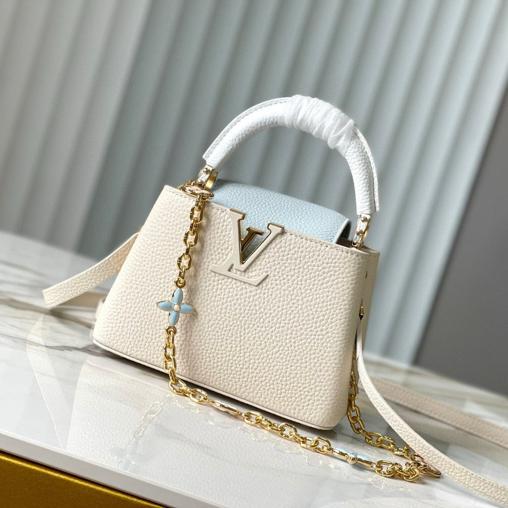 Louis Vuitton CAPUCINES MINI 21 CREAM CLOUD BLUE TAURILLON GOLD  HARDWARE