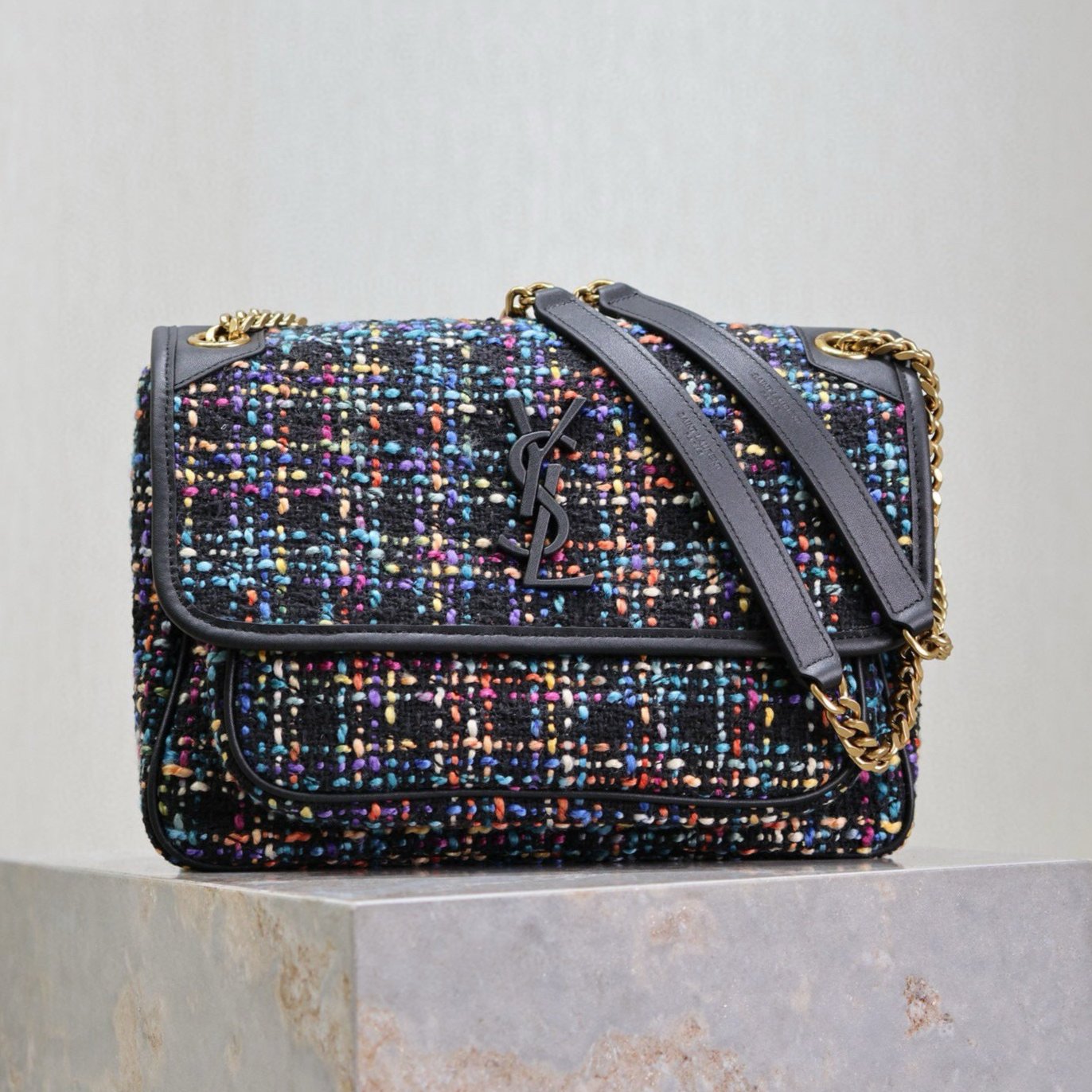 Saint Laurent YSL Niki Medium 28cm Tweed Bag Gold Hardware