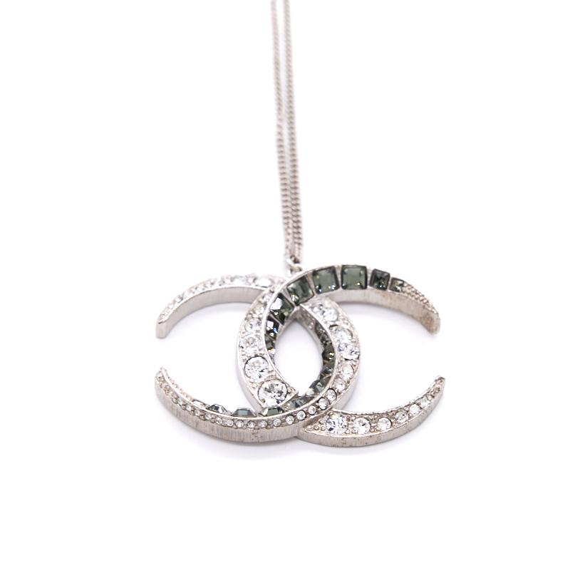 Chanel CC Crystal Silver Tone Pendant Necklace