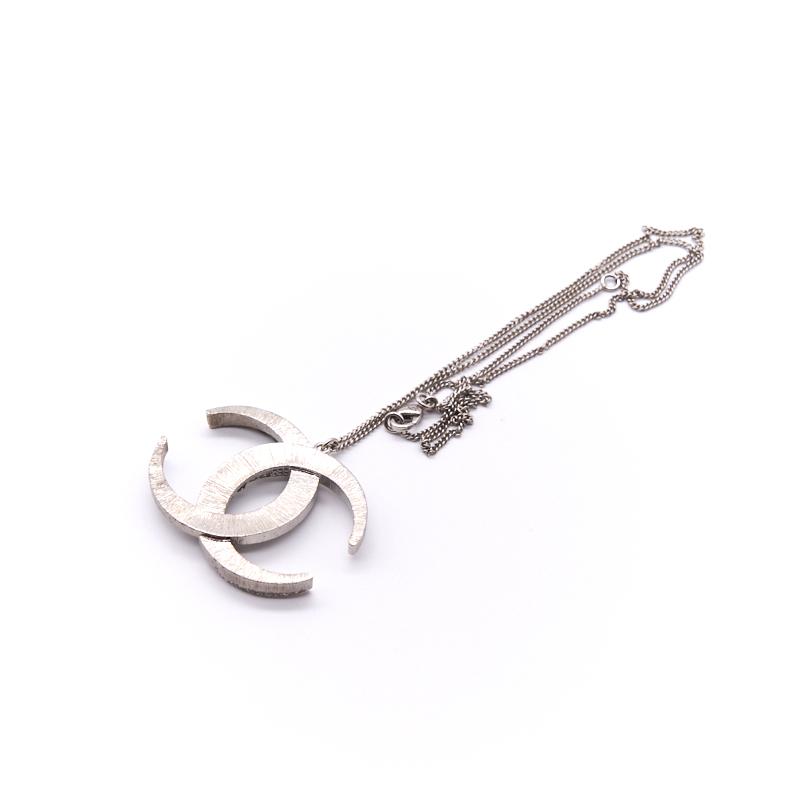 Chanel CC Crystal Silver Tone Pendant Necklace