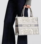 Medium Dior Book Tote Ecru and Gray Toile de Jouy Embroidery
