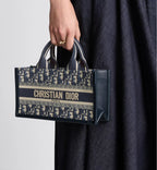 East-West Dior Book Tote with strap Blue Dior Oblique Embroidery and Calfskin