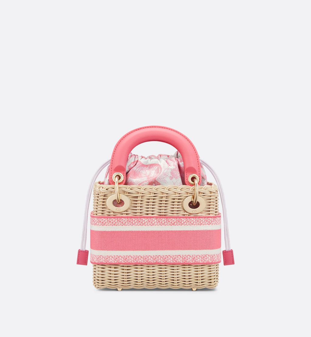 Mini Dioriviera Lady Dior Bag Natural Wicker And Candy Pink Toile De Jouy Jacquard