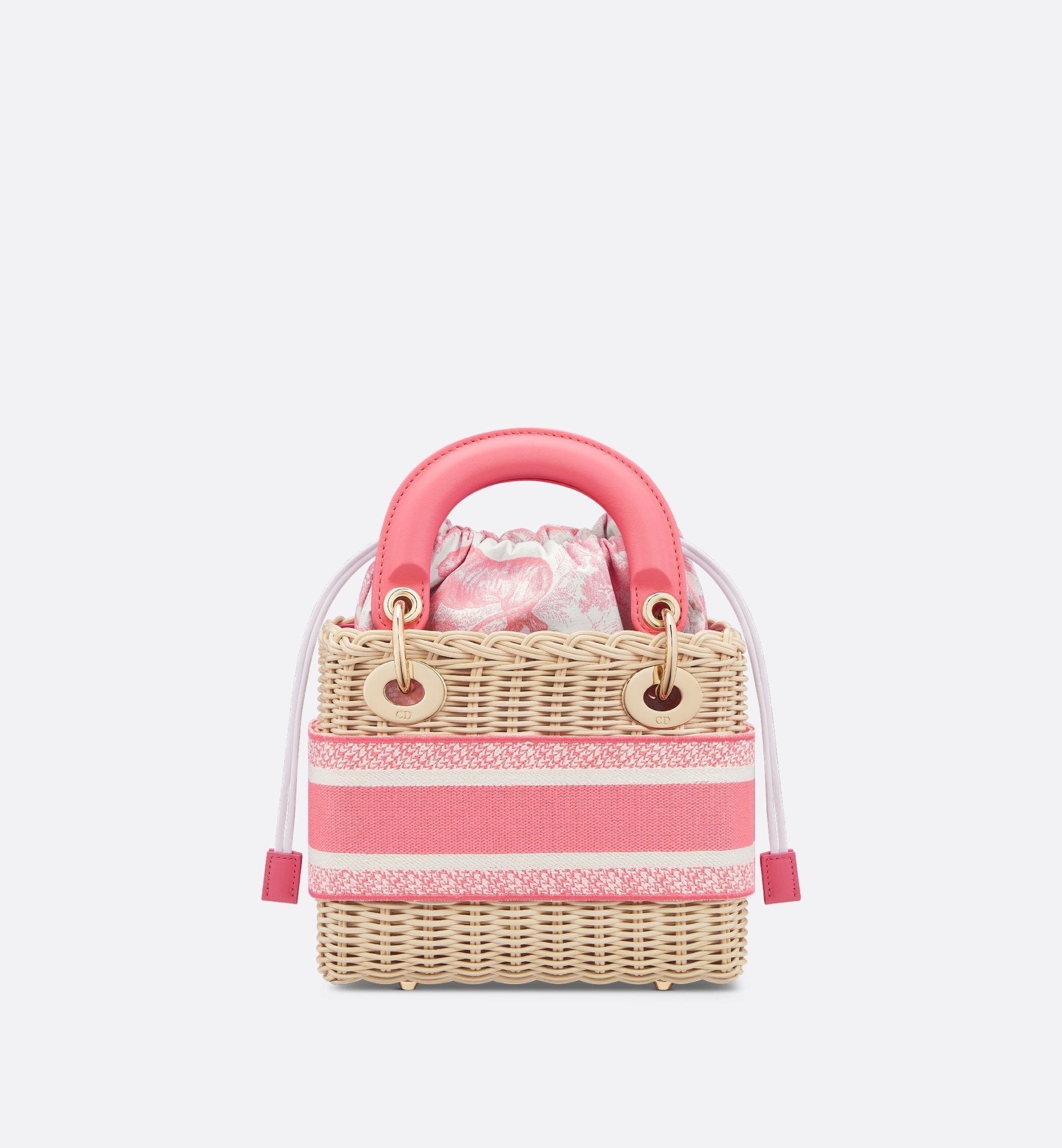 Mini Dioriviera Lady Dior Bag Natural Wicker And Candy Pink Toile De Jouy Jacquard