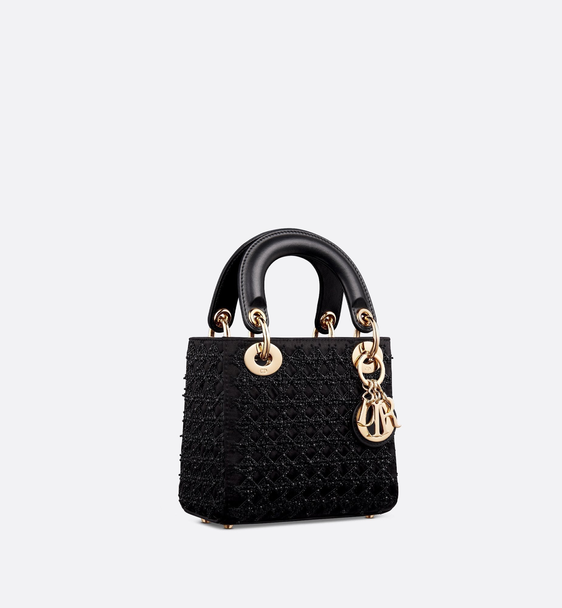 Mini Lady Dior Bag Black Satin Embroidered With Beaded Cannage Motif