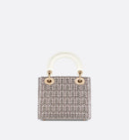 Mini Lady Dior Bag Latte Cotton Embroidered With Silver-Tone Crystals And Beads
