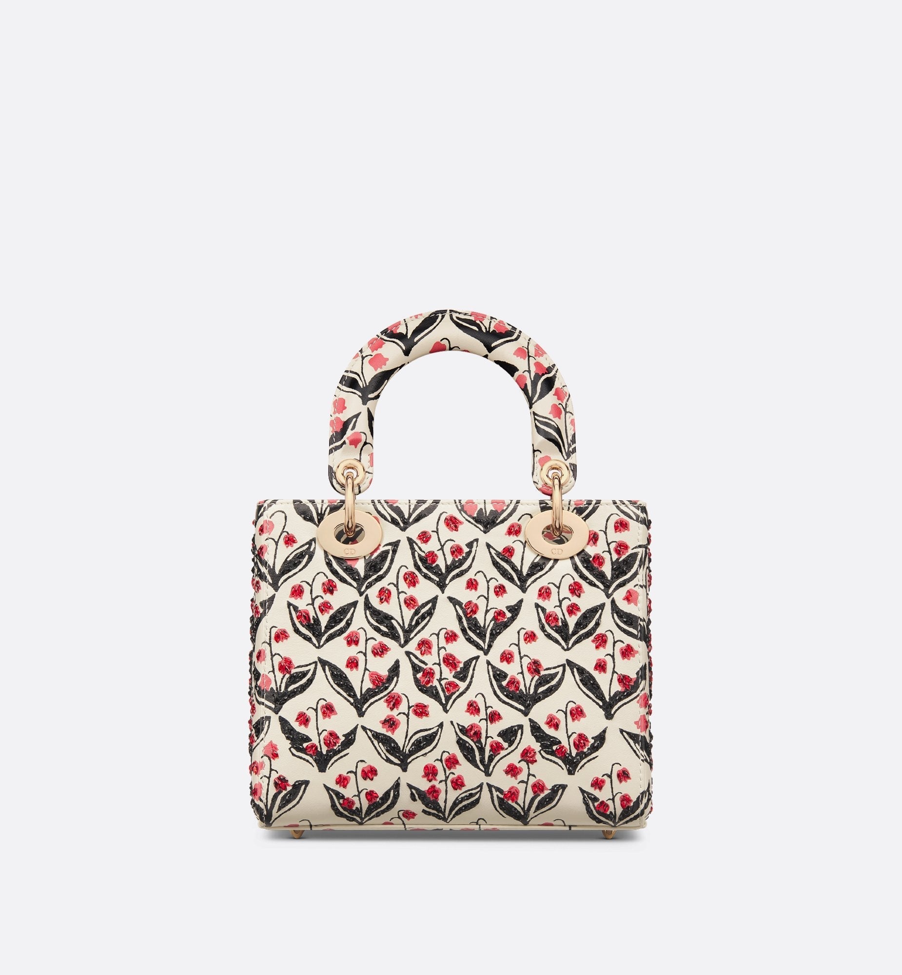 Dioramour Small Lady Dior Bag White Calfskin With Black And Red Dior Lily Of The Valley Print And Embroidery
