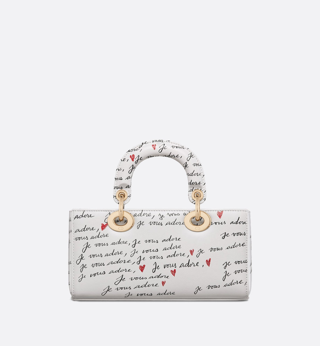 Dioramour Small Lady D-Joy Bag White Calfskin With Black And Red Je Vous Adore Print