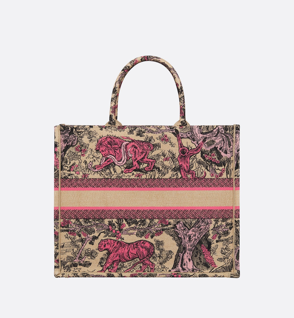 Large Dioriviera Dior Book Tote Raffia With Candy Pink Toile De Jouy Sauvage Embroidery