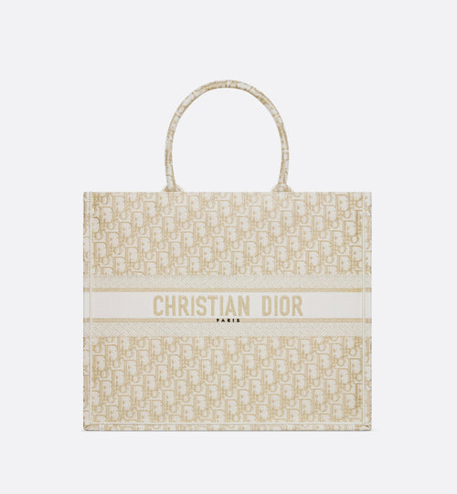Large Dior Book Tote White And Gold Tone Oblique Embroidery