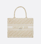 Medium Dior Book Tote White and Gold-Tone Dior Oblique Embroidery