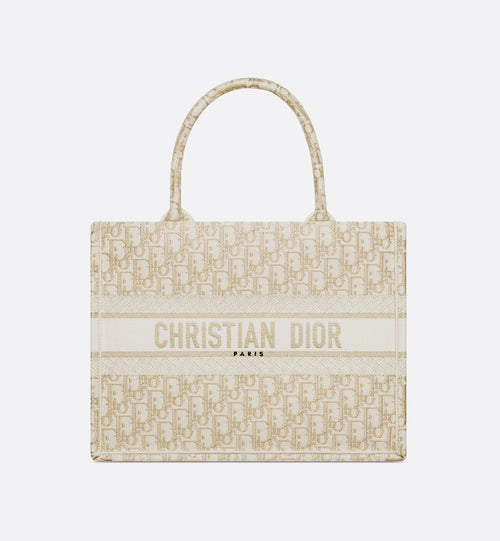 Medium Dior Book Tote White and Gold-Tone Dior Oblique Embroidery