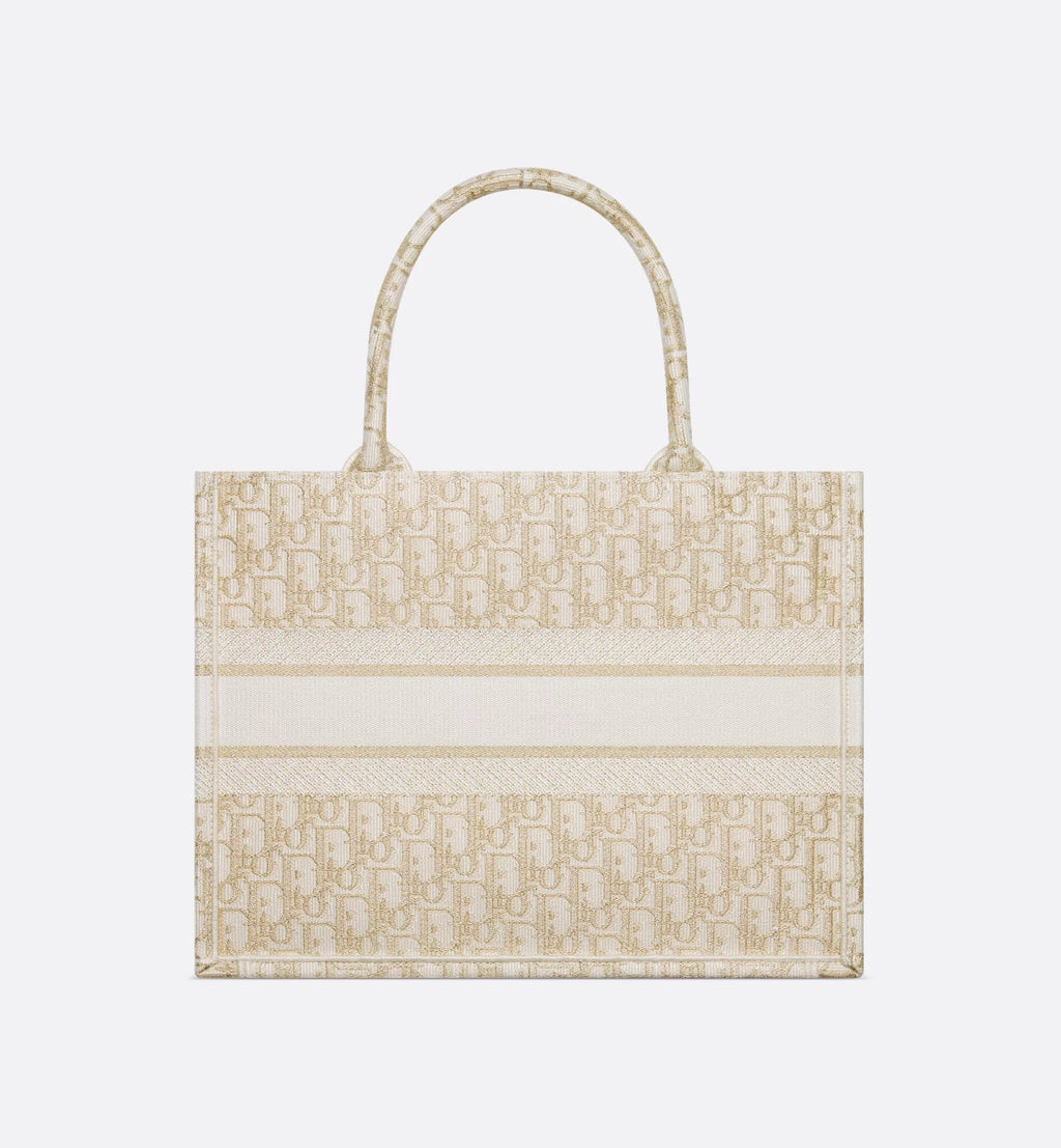 Medium Dior Book Tote White and Gold-Tone Dior Oblique Embroidery