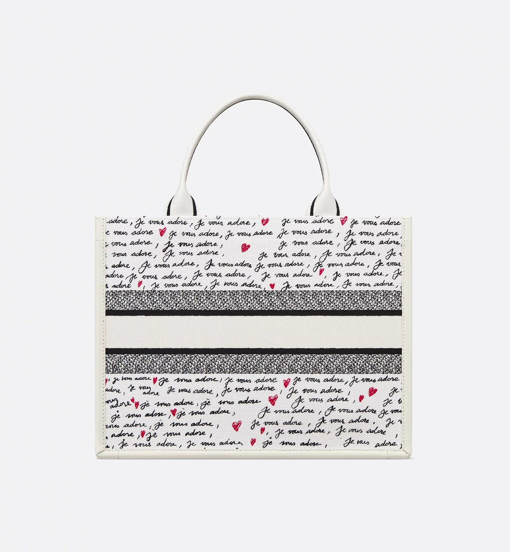 Dioramour Medium Dior Book Tote White Embroidery with Black and Red Je Vous Adore Motif and White Calfskin