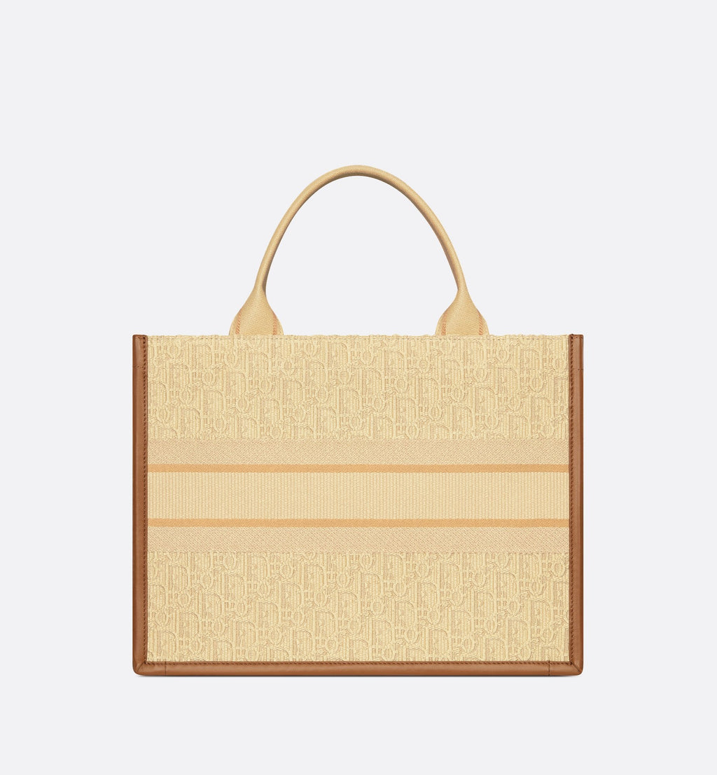 Medium Dior Book Tote Beige Dior Oblique Embroidered Raffia And Camel Calfskin