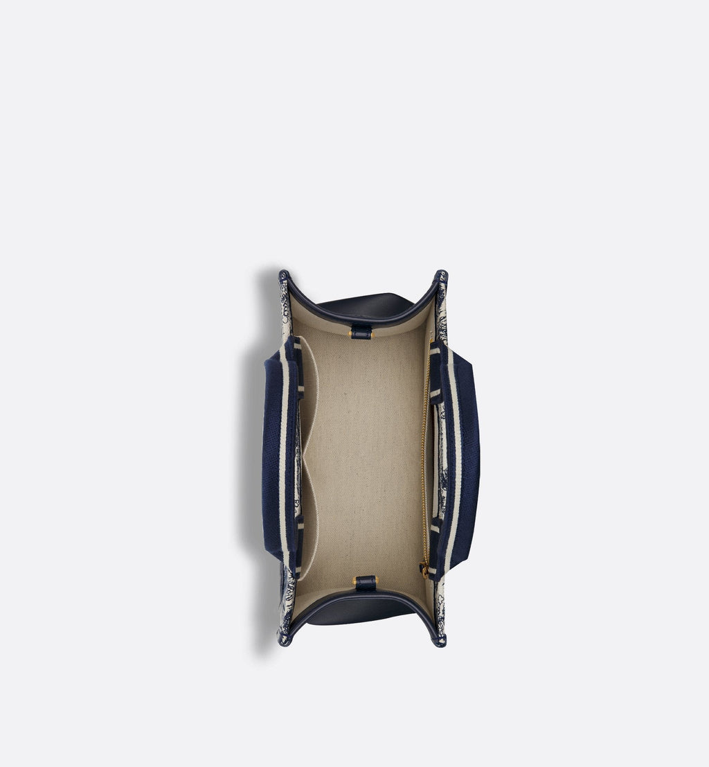 Small Dior Book Tote White And Navy Blue Toile De Jouy Sauvage Embroidery With Navy Blue Calfskin