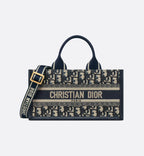 East-West Dior Book Tote with strap Blue Dior Oblique Embroidery and Calfskin