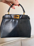 Fendi Black Lizard Leather Small Peekaboo Bag With Gold Hardware