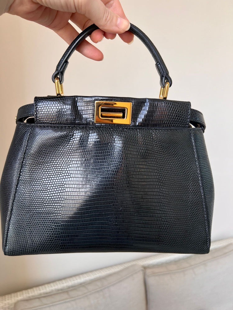 Fendi Black Lizard Leather Small Peekaboo Bag With Gold Hardware