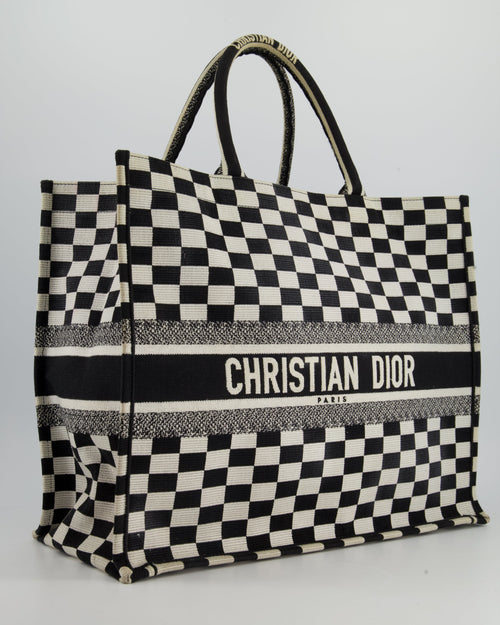 Christian Dior Large Black and White Chequered Book Tote Bag