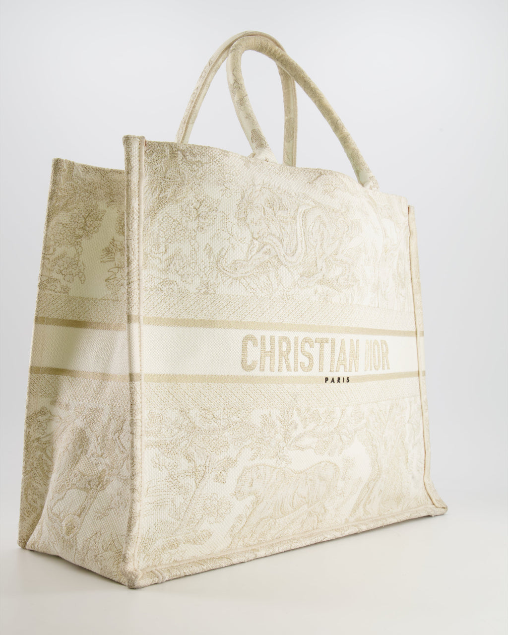 Christian Dior Cream and Gold Embroidered Large Book Tote Bag