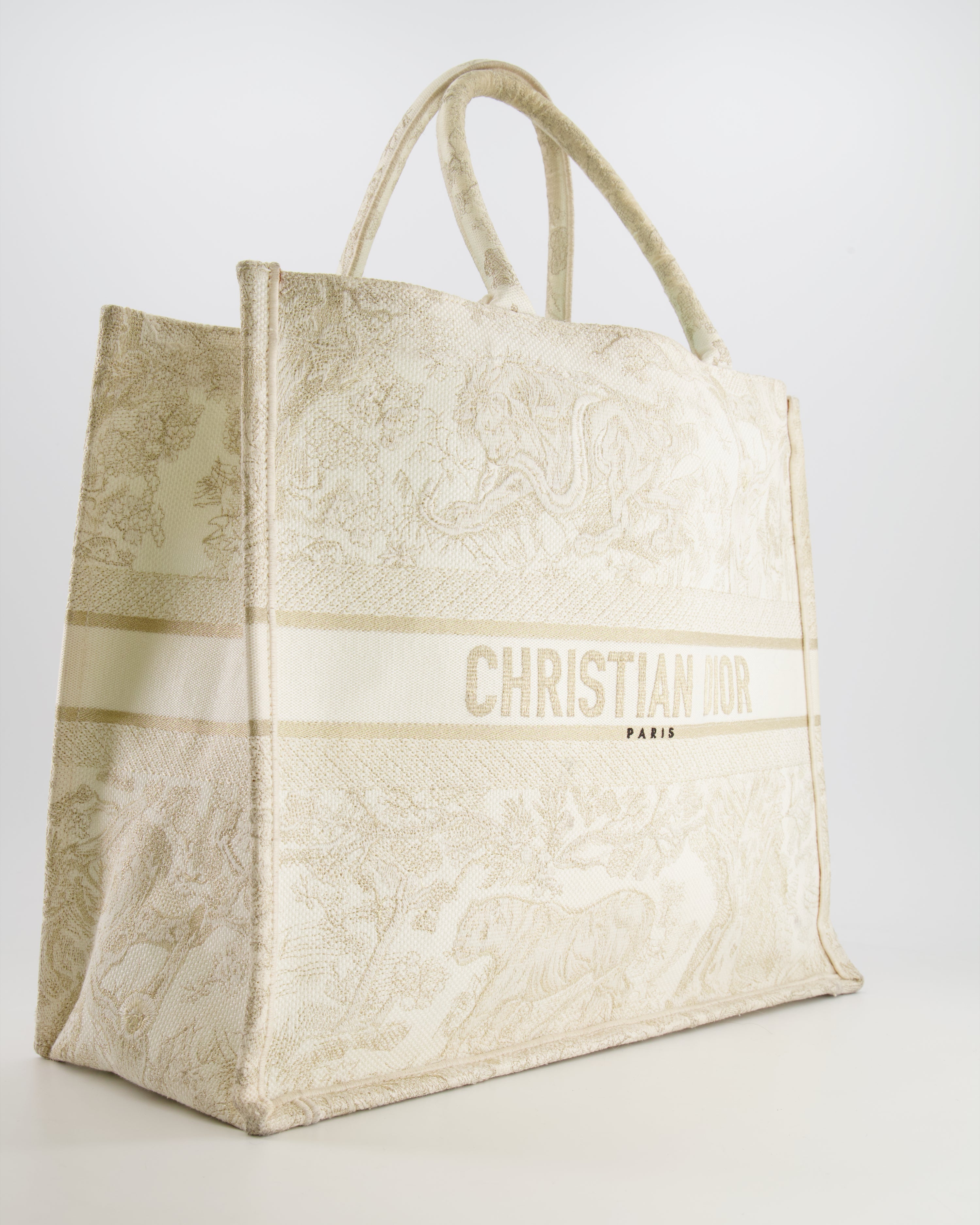 Christian Dior Cream and Gold Embroidered Large Book Tote Bag