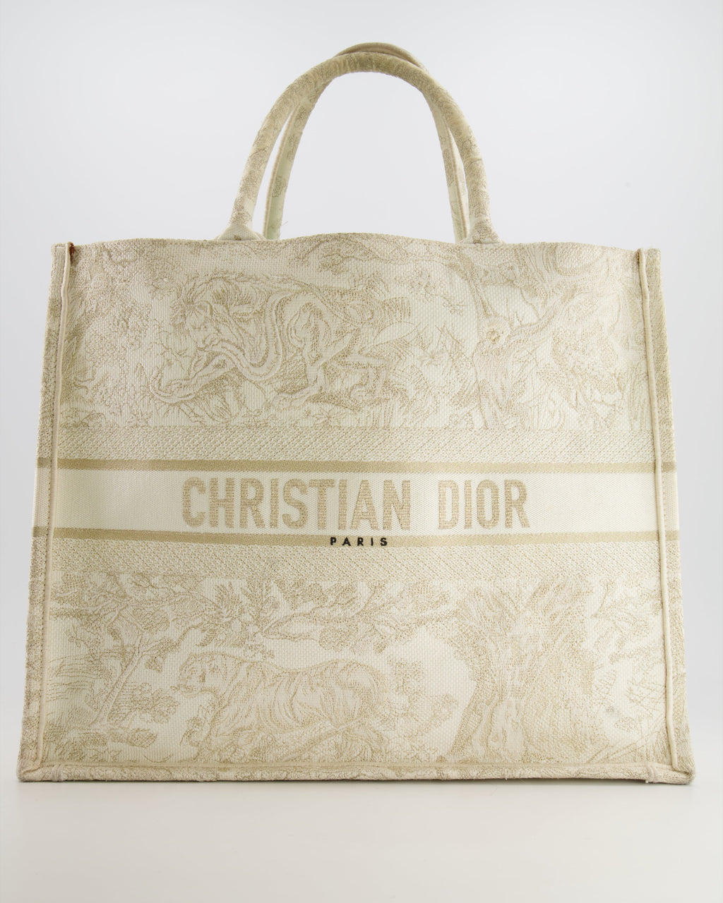 Christian Dior Cream and Gold Embroidered Large Book Tote Bag
