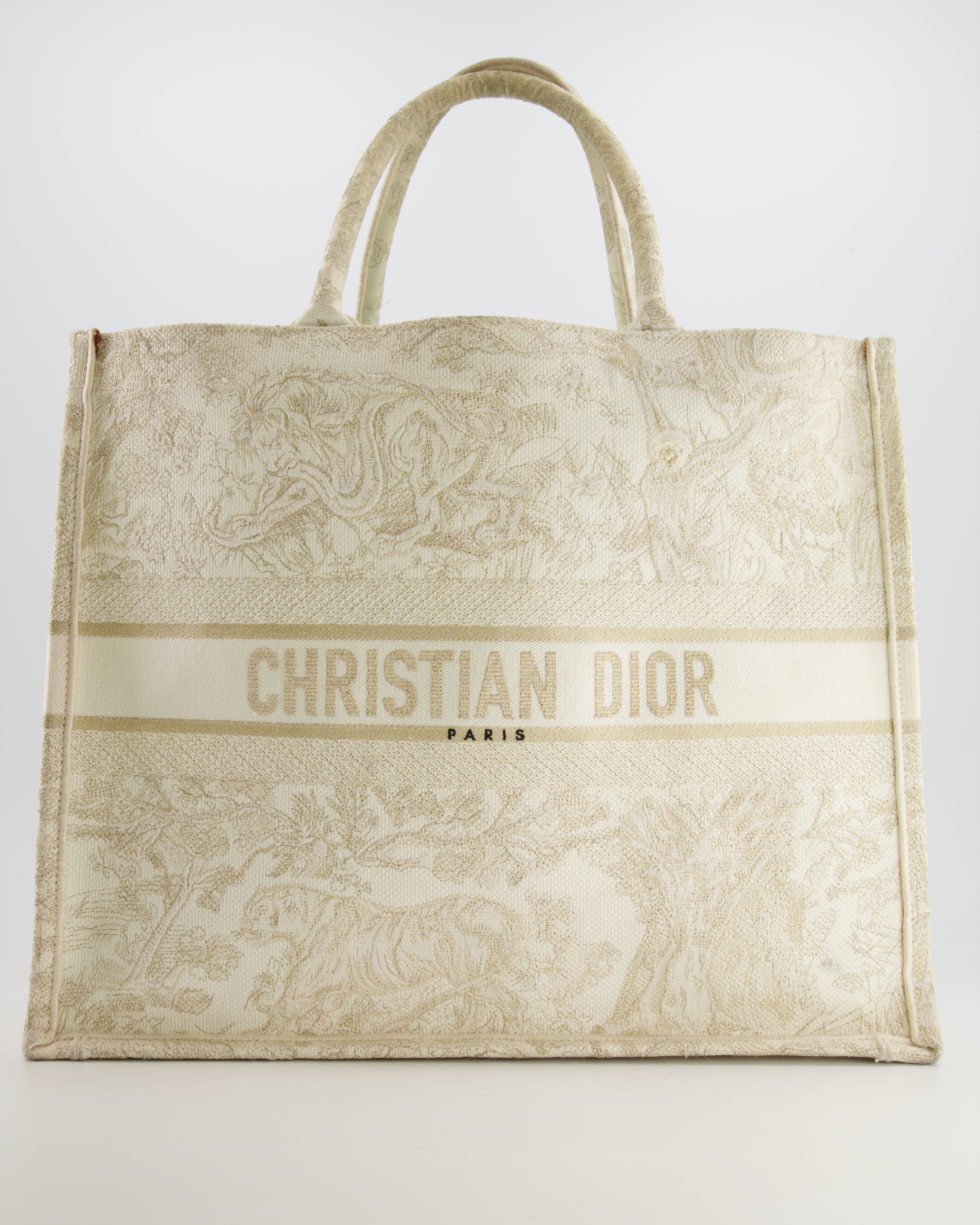 Christian Dior Cream and Gold Embroidered Large Book Tote Bag