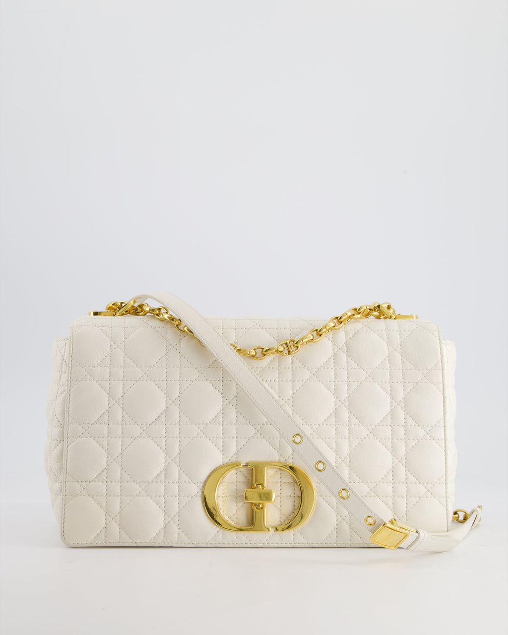 Christian Dior Ivory Large Caro Supple Cannage Calfskin Leather Flap Bag With Gold Hardware