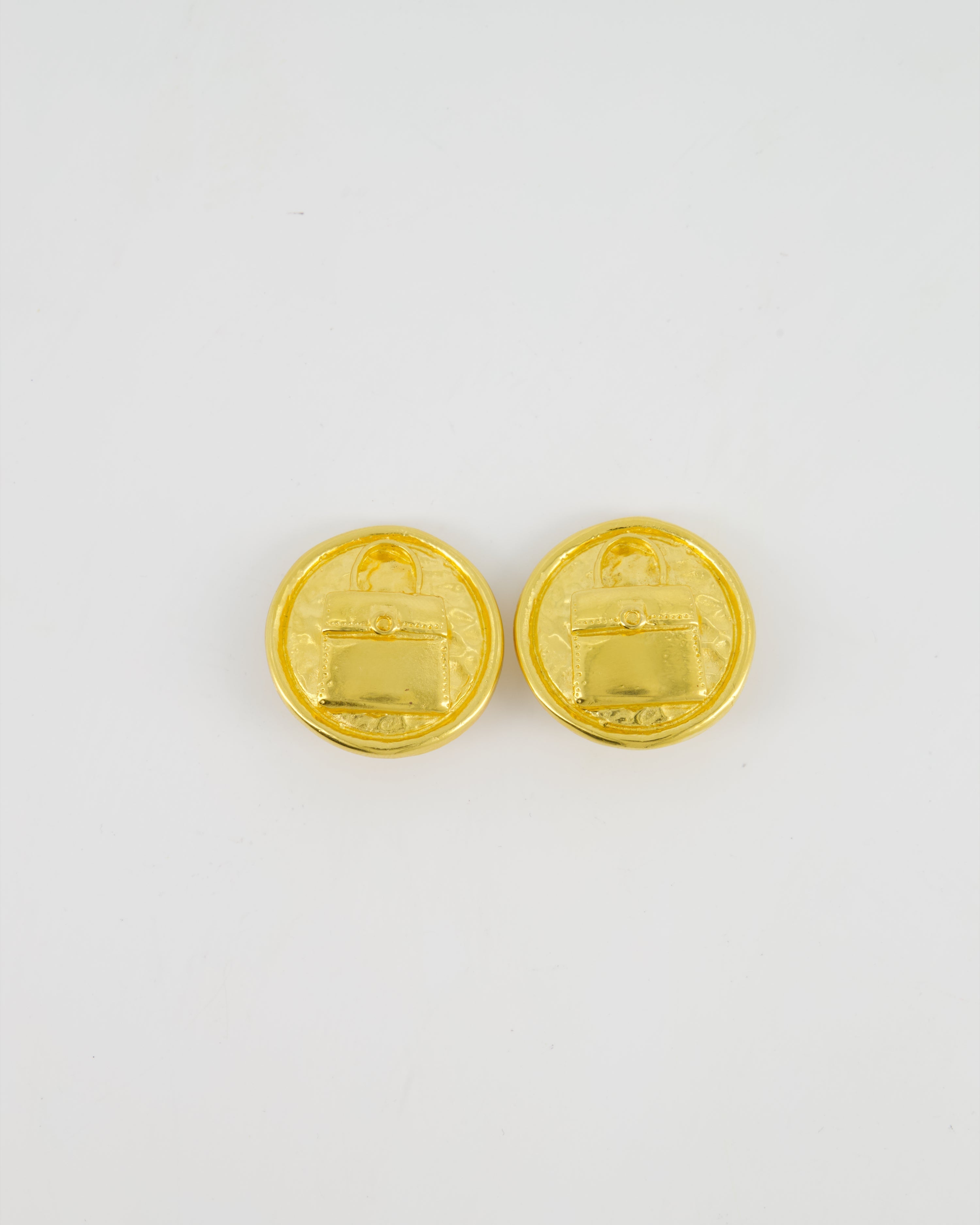 Celine Paris Vintage Yellow Gold Circle Handbag Pattern Clip-On Earrings