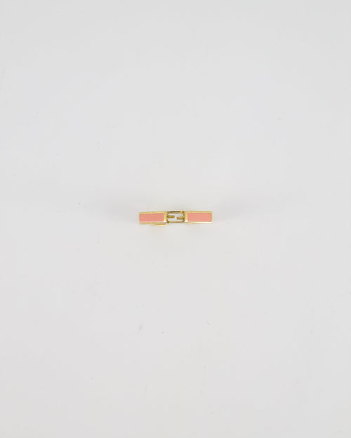 Fendi Gold Enamel Hexagonal Baguette Ring with pink Enamel Detail Size M