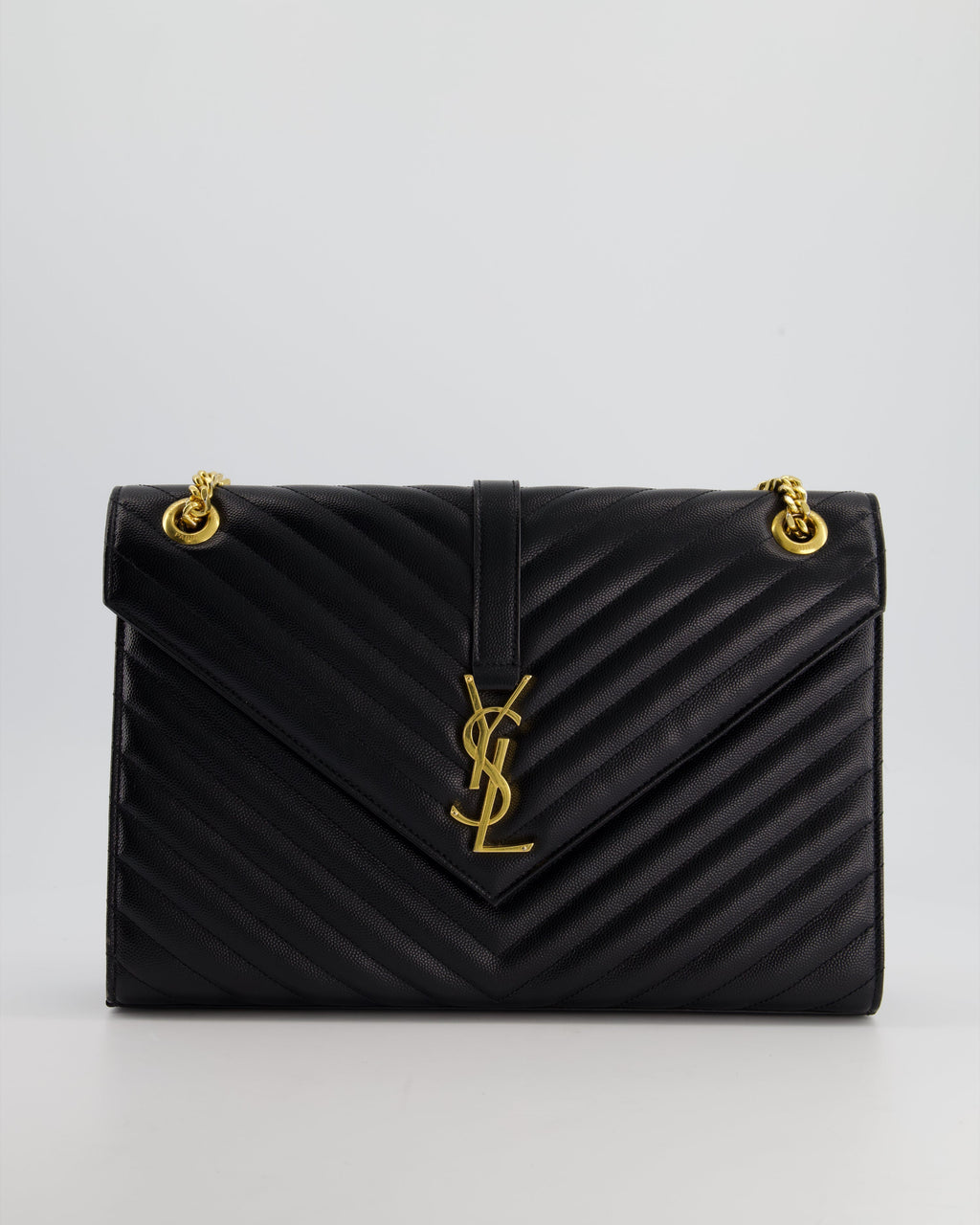 Saint Laurent Black Envelope Shoulder Bag in Grained Calfskin With Gold Hardware