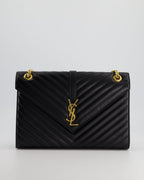 Saint Laurent Black Envelope Shoulder Bag in Grained Calfskin With Gold Hardware