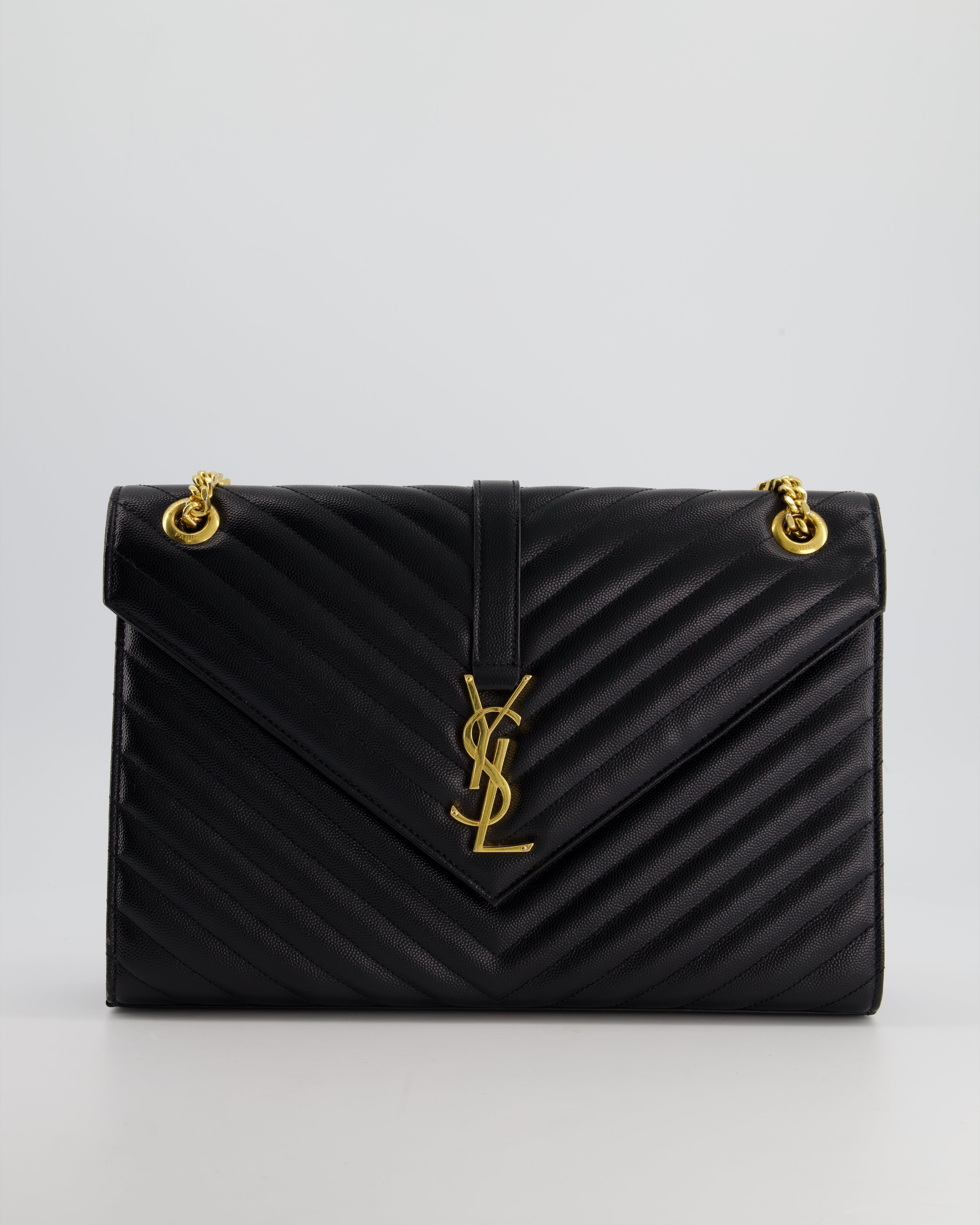 Saint Laurent Black Envelope Shoulder Bag in Grained Calfskin With Gold Hardware