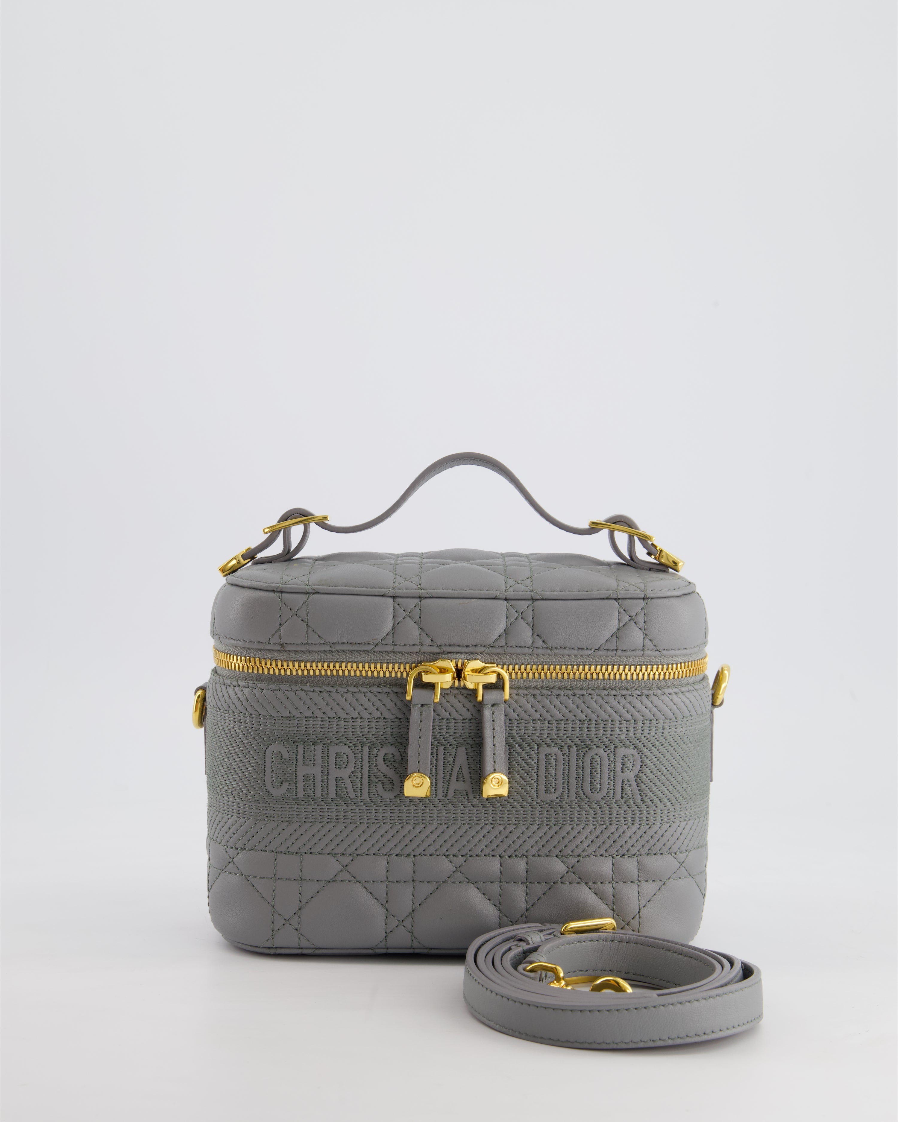 Christian Dior Grey Lambskin Leather Cannage Vanity Case Bag with Top Handle and Cross-Body Strap