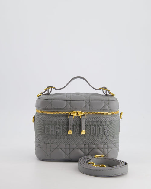 Christian Dior Grey Lambskin Leather Cannage Vanity Case Bag with Top Handle and Cross-Body Strap