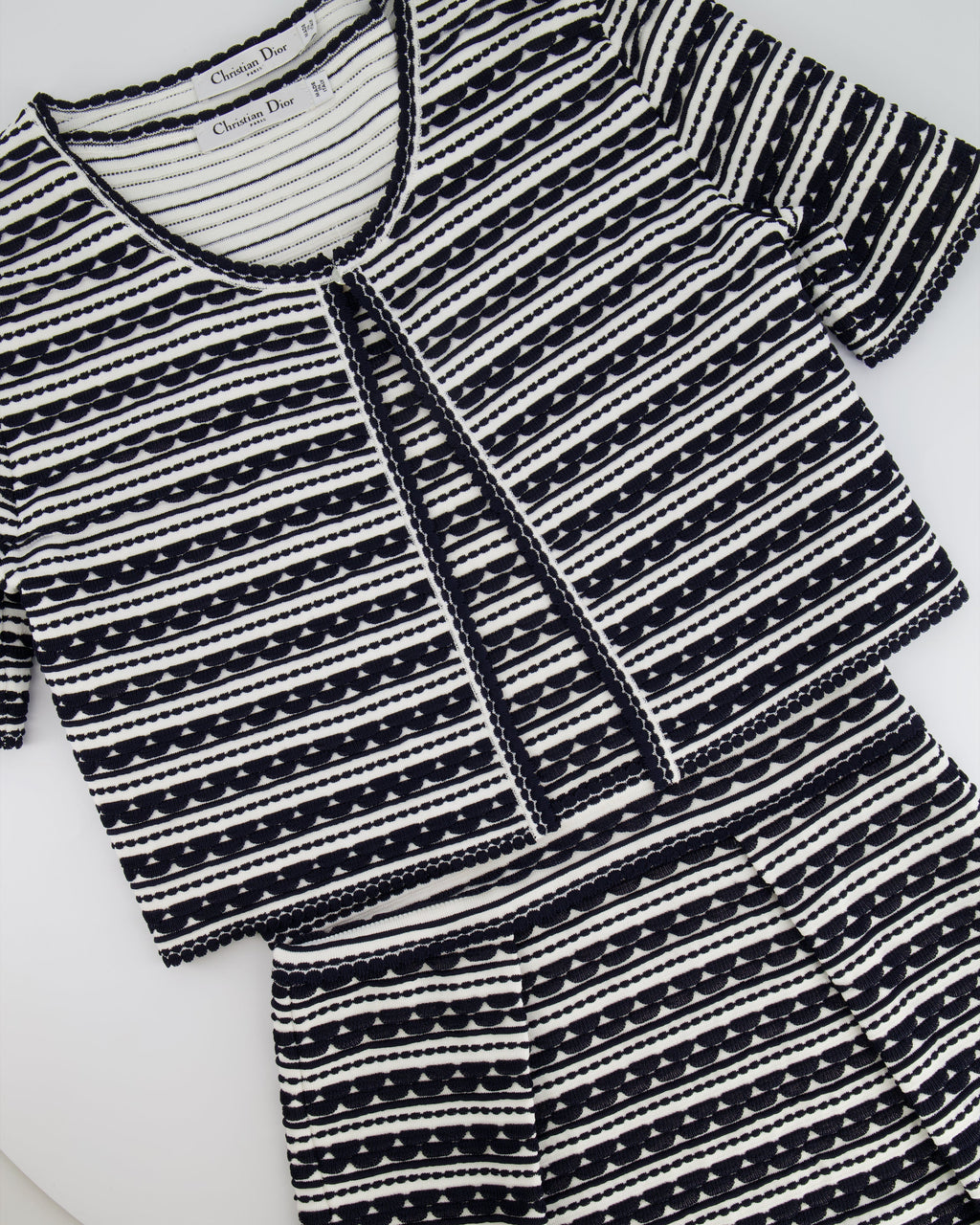 Christian Dior Navy and White Striped Textured Midi Dress and igan Set Size FR 42 (UK 14)