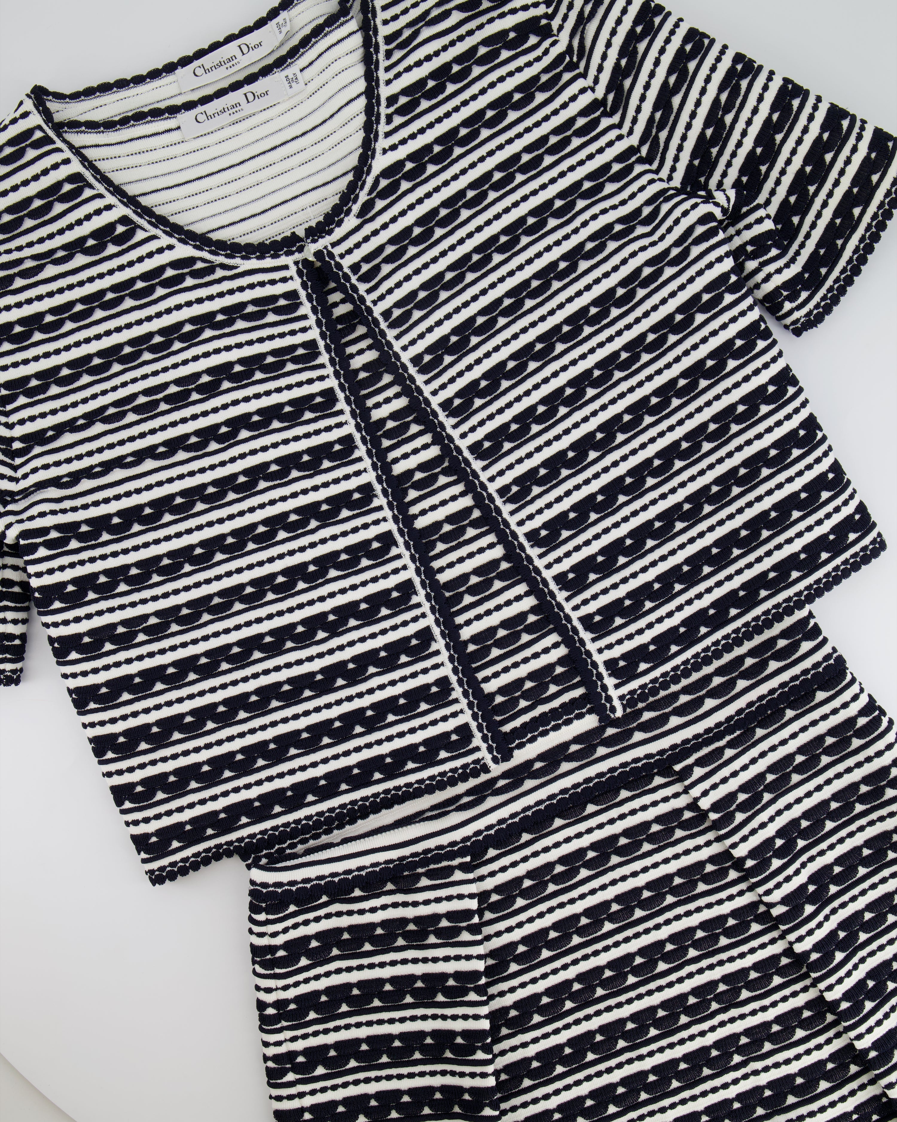 Christian Dior Navy and White Striped Textured Midi Dress and igan Set Size FR 42 (UK 14)