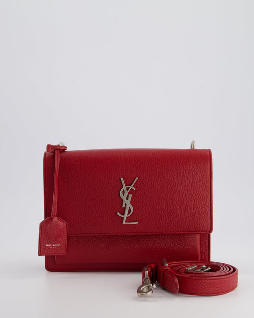 Saint Laurent Red Medium Leather Sunset Bag in Grained Calfskin Leather with Antique Silver Hardware & Leather Strap RRP £1,930