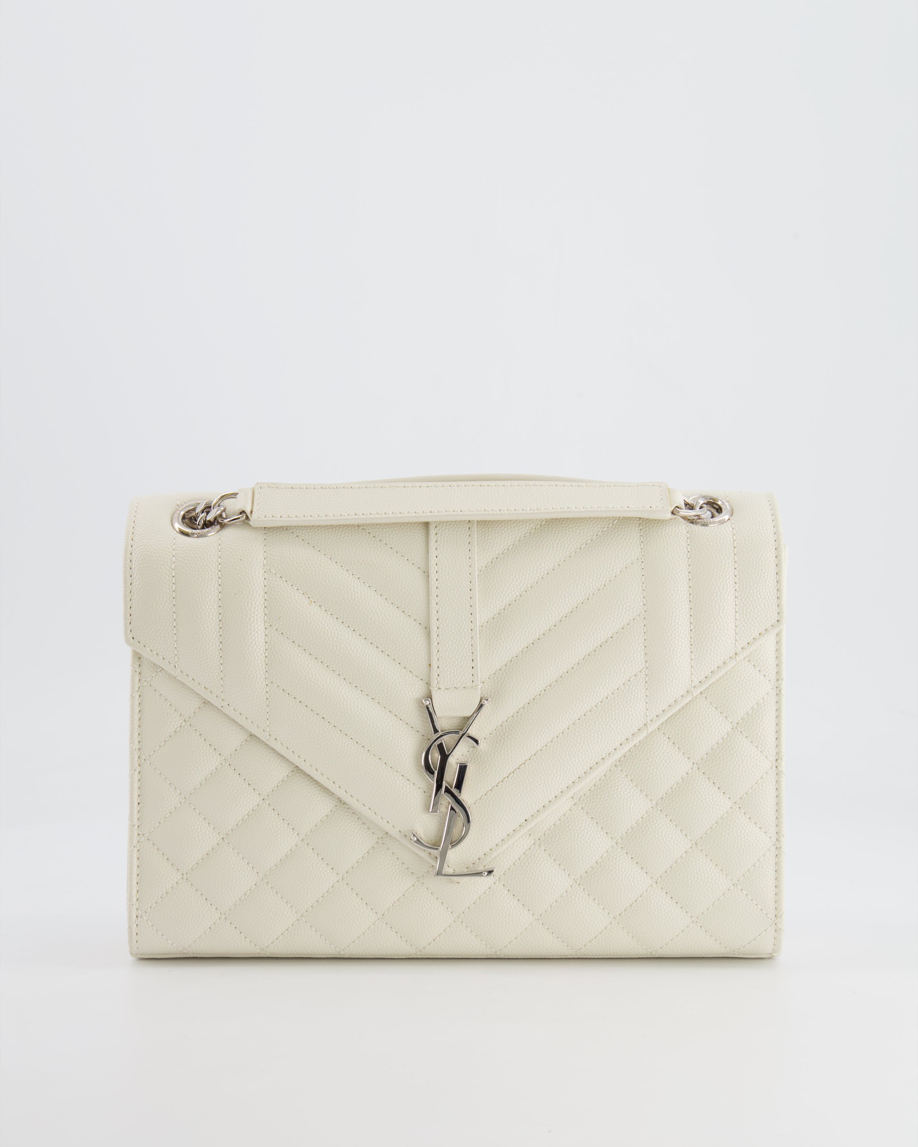 Saint Laurent Chalk White Medium Envelope Bag in Grained Leather with Silver YSL Logo RRP £2,235