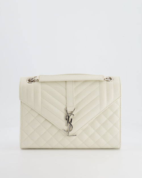 Saint Laurent Chalk White Medium Envelope Bag in Grained Leather with Silver YSL Logo RRP £2,235