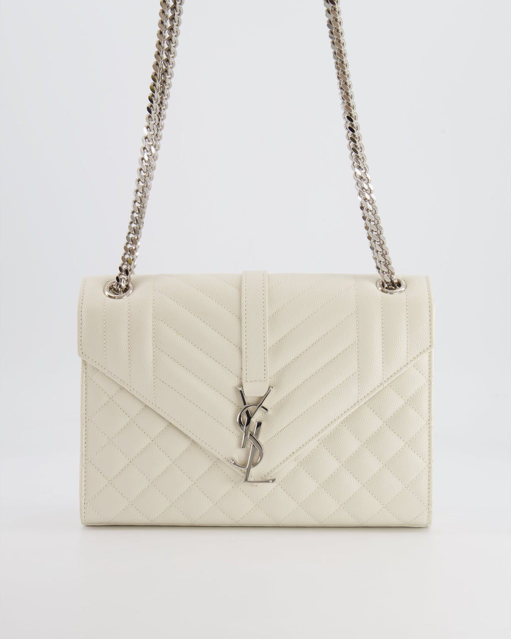 Saint Laurent Chalk White Medium Envelope Bag in Grained Leather with Silver YSL Logo RRP £2,235