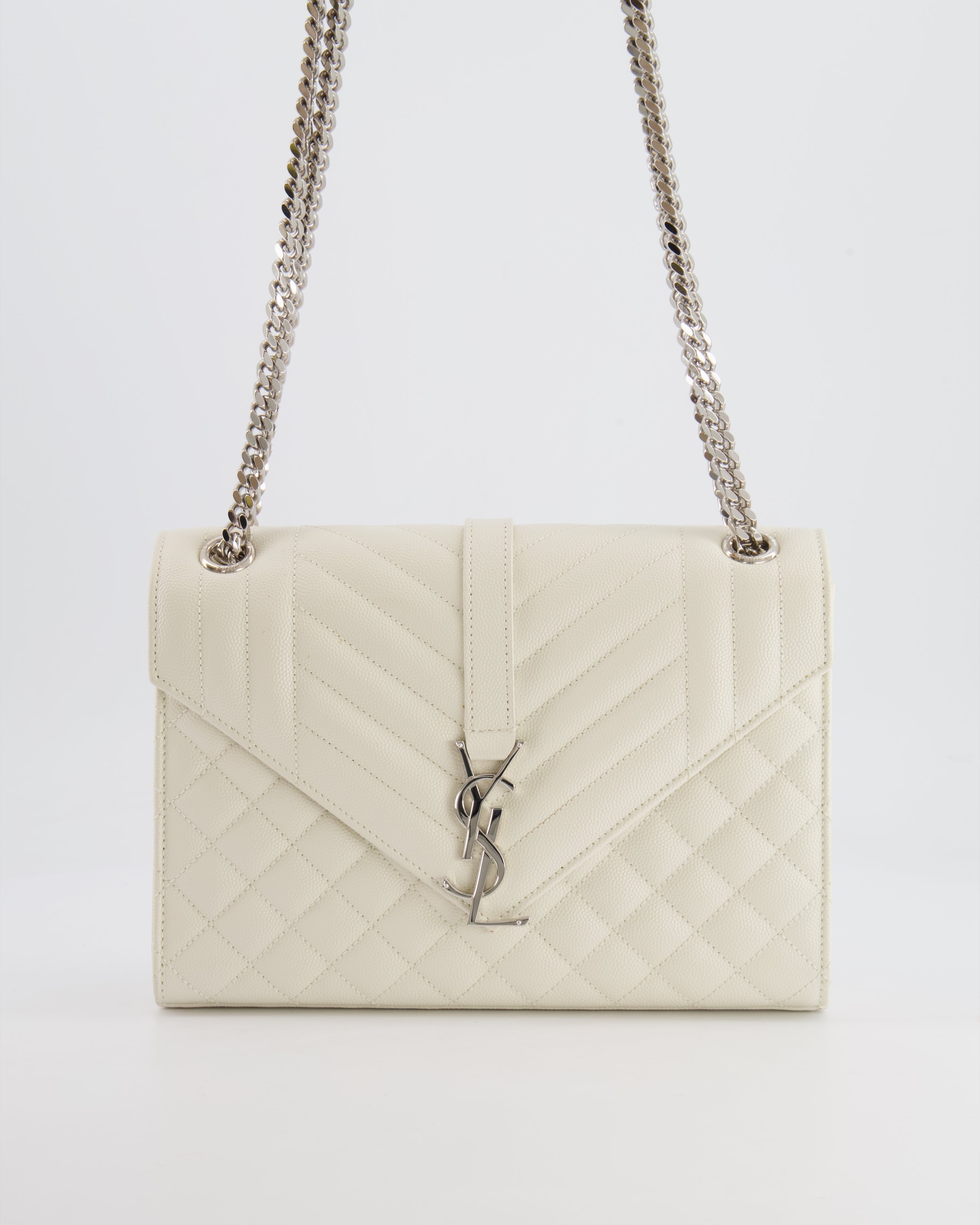 Saint Laurent Chalk White Medium Envelope Bag in Grained Leather with Silver YSL Logo RRP £2,235