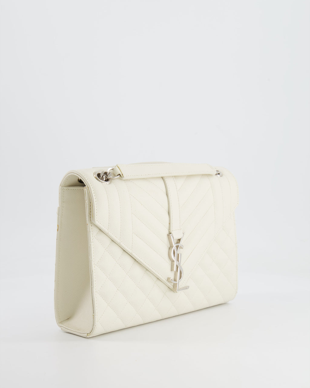 Saint Laurent Chalk White Medium Envelope Bag in Grained Leather with Silver YSL Logo RRP £2,235