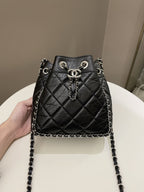 Chanel Cc Drawstring Bucket Chain Bag Black Aged Calfskin