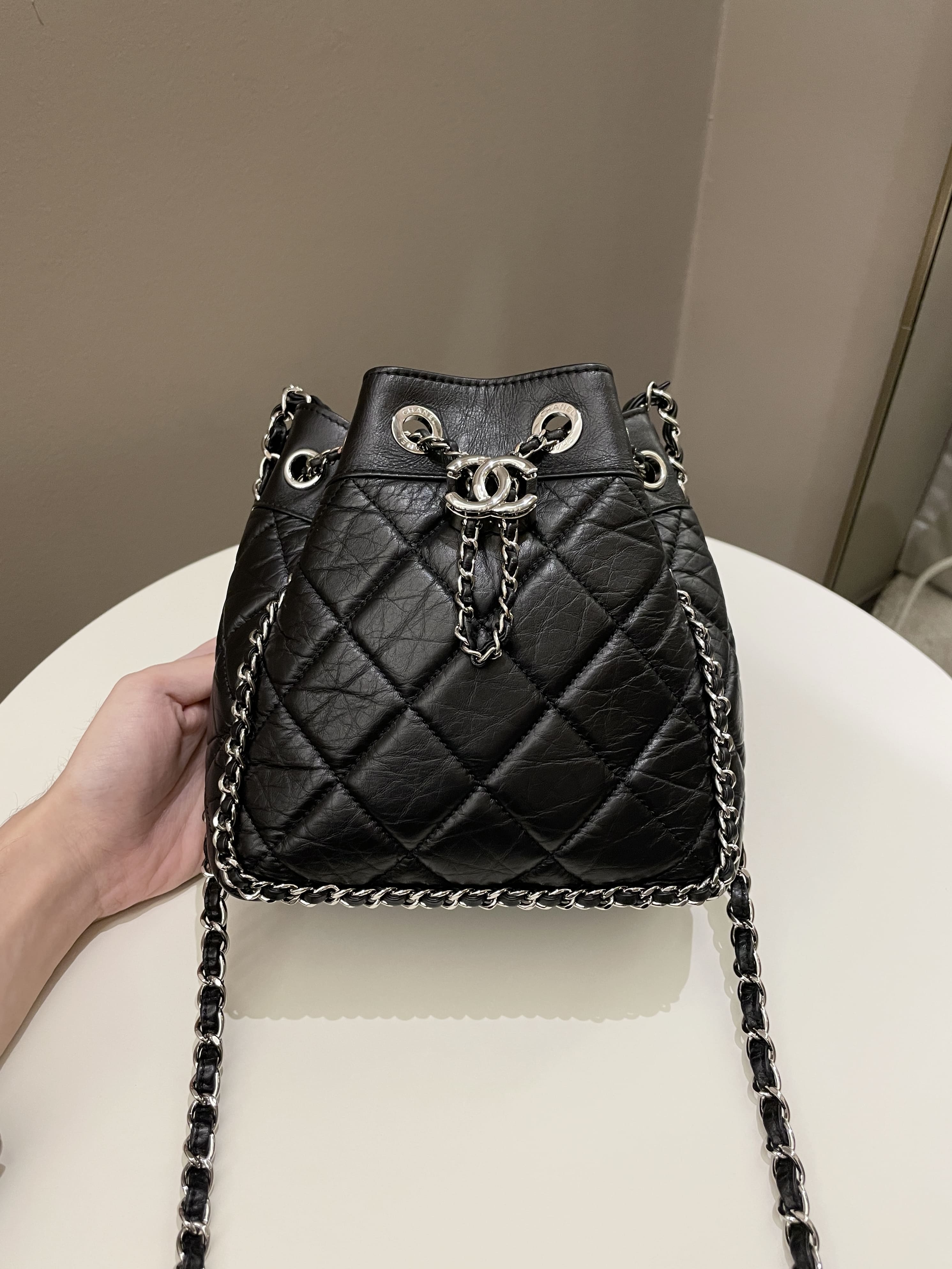 Chanel Cc Drawstring Bucket Chain Bag Black Aged Calfskin