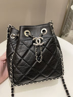 Chanel Cc Drawstring Bucket Chain Bag Black Aged Calfskin