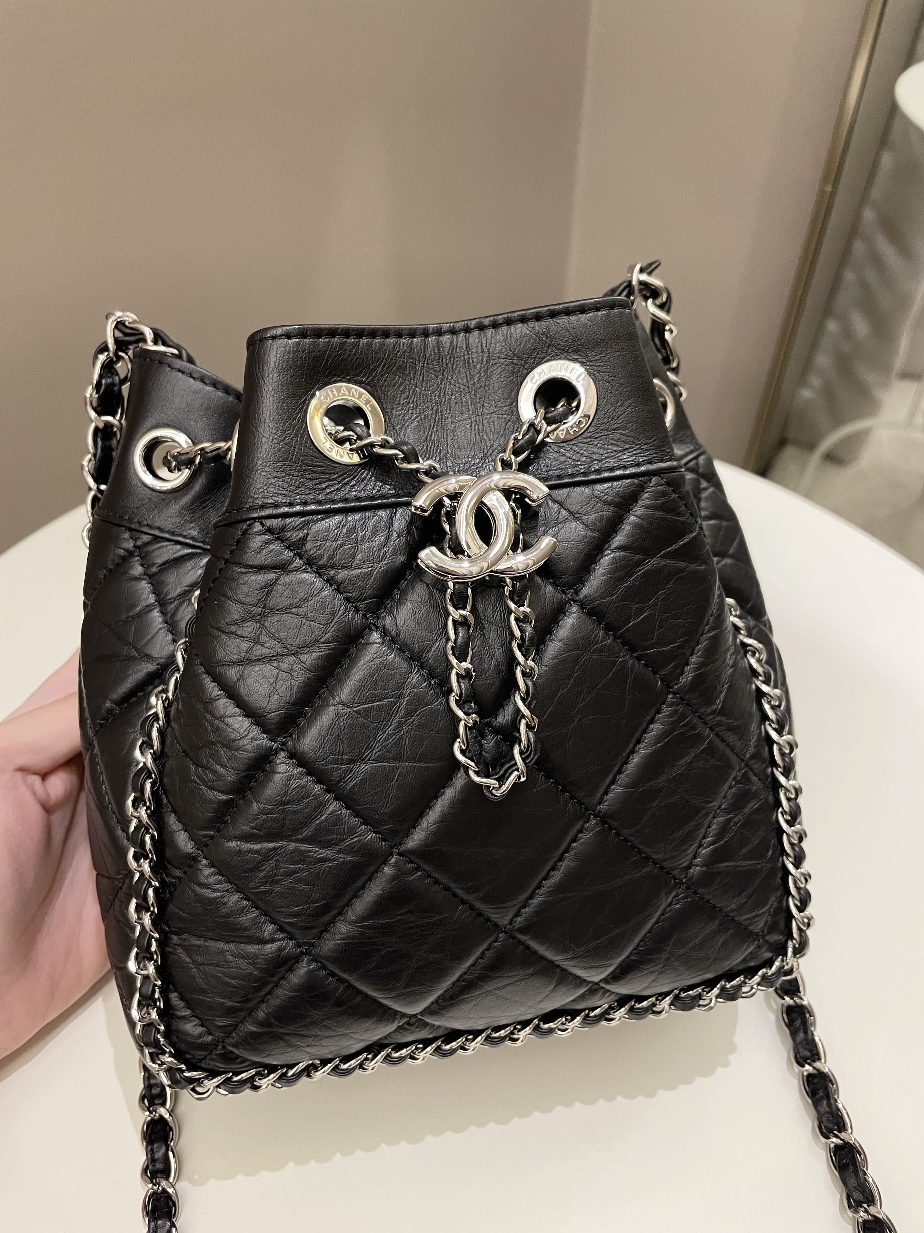 Chanel Cc Drawstring Bucket Chain Bag Black Aged Calfskin
