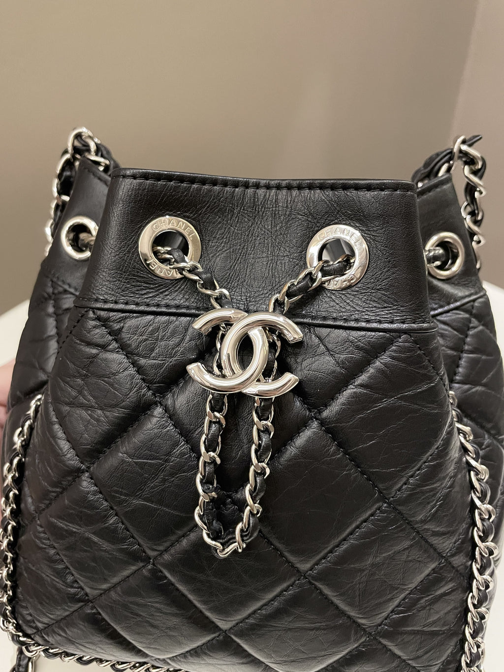 Chanel Cc Drawstring Bucket Chain Bag Black Aged Calfskin
